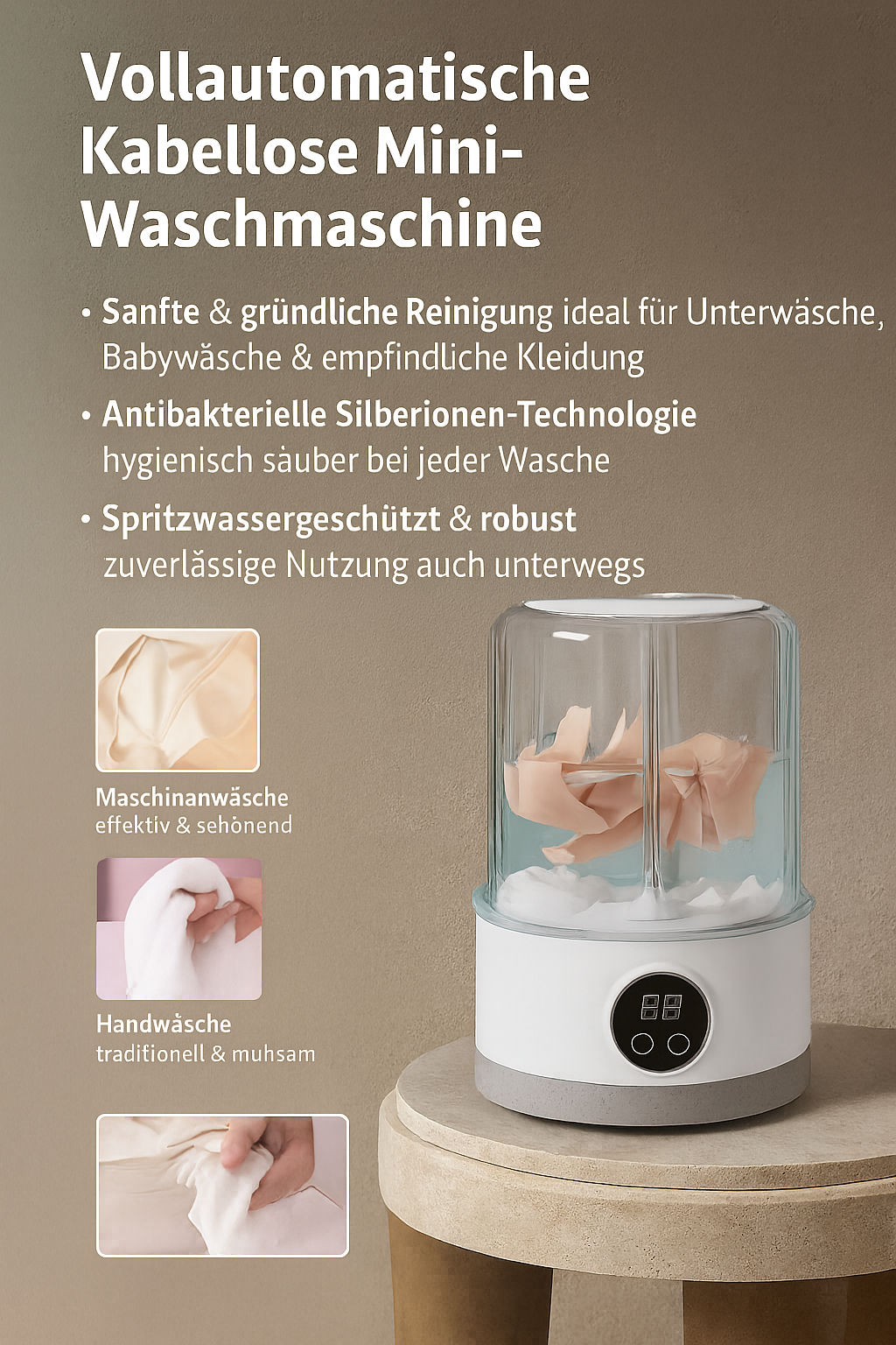 TravelClean Reise-Waschmaschine Frontansicht mit Bedienfeld
