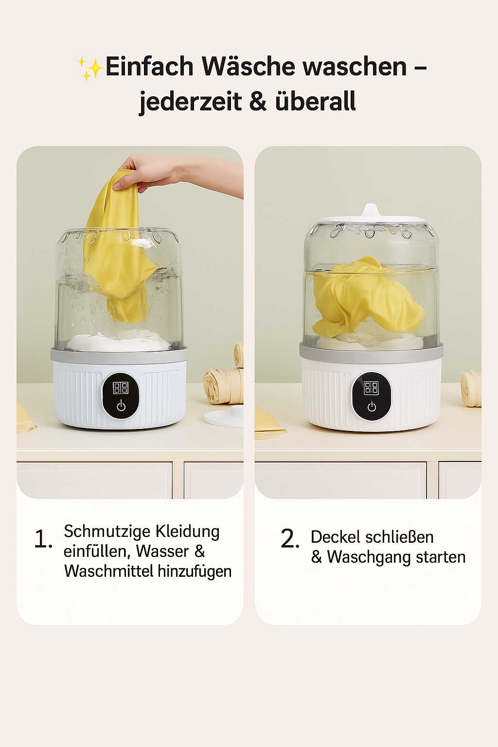 TravelClean Waschmaschine in Verwendung beim Waschen
