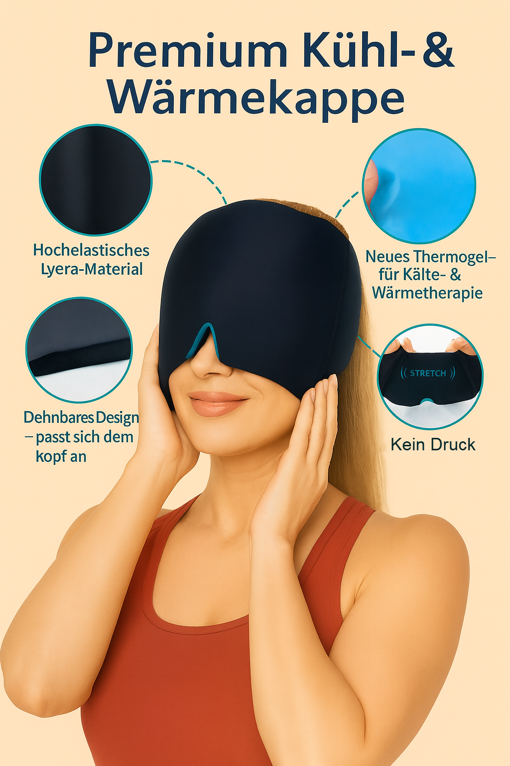 MigraRelief Kühlmaske in Anwendung bei Kopfschmerzen
