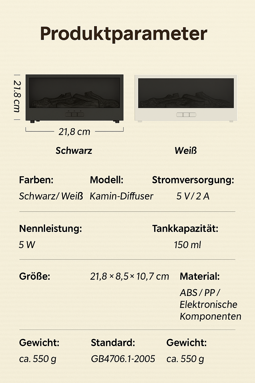 RelaxGlow Aroma Diffuser Produktparameter 
